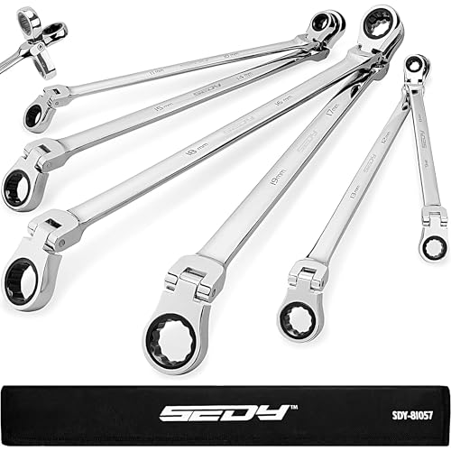 Extra Long Flex-Head Ratcheting Wrench Set, Anti-Slip 6-Piece Double Box End Wrench Set, 72-Teeth, Metric 8-19mm, CR-V Steel Wrench with Rolling Pouch - style: 6-Pc Extra-Long (Flex-Head)