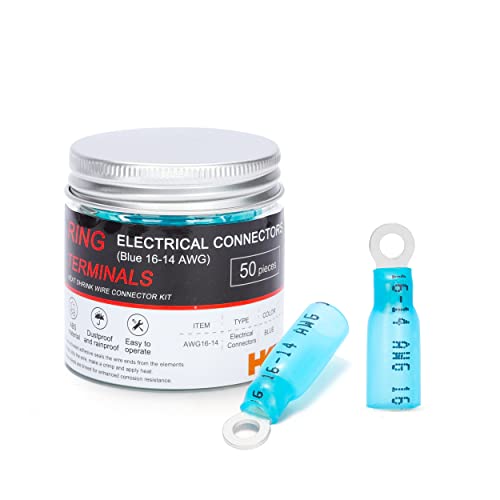 HKS 50 PCS Ring Terminals #6 Blue 16-14 AWG - M3.5 - Electrical Connectors - Heat Shrink Wire Connector Kit - Tinned Red Copper - Automotive Marine Ring Connectors - Waterproof and Insulated - size: #6 (M3.5)