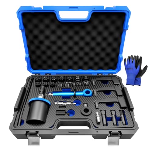 29Pcs Pneumatic Injector Puller Set for Most Diesel Engines, Diesel Injector Extractor with Handle, Pneumatic Hammer, 22 Different Adapters Labor-Saving Air Vibration Injector Puller - color: Blue