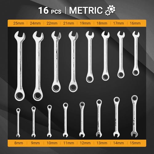 16-Piece Ratcheting Wrench Set, Combination Wrench Set, with Organizer, MM/Metric Max 120-tooth Chromium Vanadium Combination Wrench