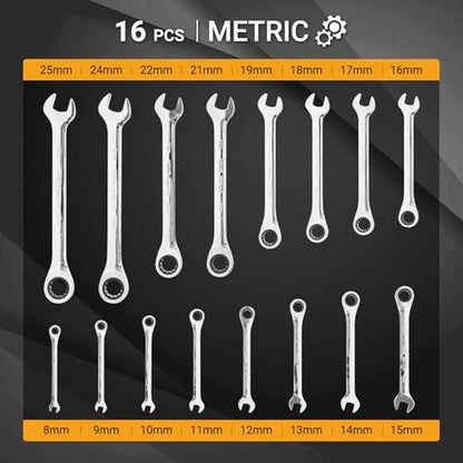16-Piece Ratcheting Wrench Set, Combination Wrench Set, with Organizer, MM/Metric Max 120-tooth Chromium Vanadium Combination Wrench