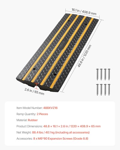 VEVOR Car Driveway Rubber Curb Ramp, 2 Pack 48.8-inch-Long Heavy Duty Low Profile Slope Ramps, 2.6’’ Rise, 33069 lbs Load Capacity, Reflective Safety Strips, for Vehicles, RVs, and Wheelchairs | Heavy Duty Low Profile 2.6’’ Rise, 33069 lbs Load Capacity,