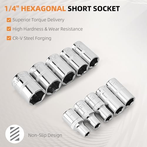 Ratchet Socket Wrench Set Metric, 12PCS Drive Mini Socket Kit with CR-V Steel Sockets (4–13mm) 1/4 Inch, Quick-Release Reversible Ratchet and Extension Bar for Automotive, DIY and Home Repair