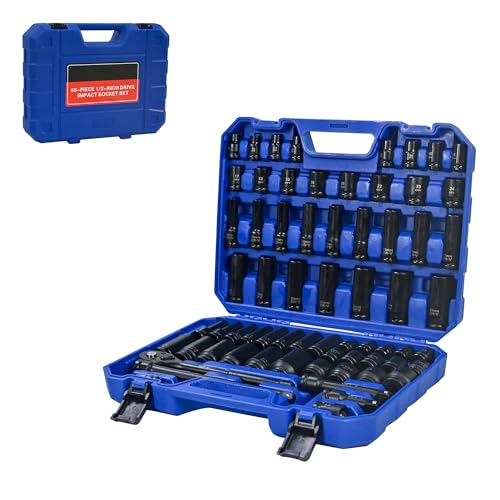 66Pcs Air Tool and Accessories Kit, Universal Long & Short Socket Set with Extension Rods, Connectors and Ratchet Wrenches, Black & Blue