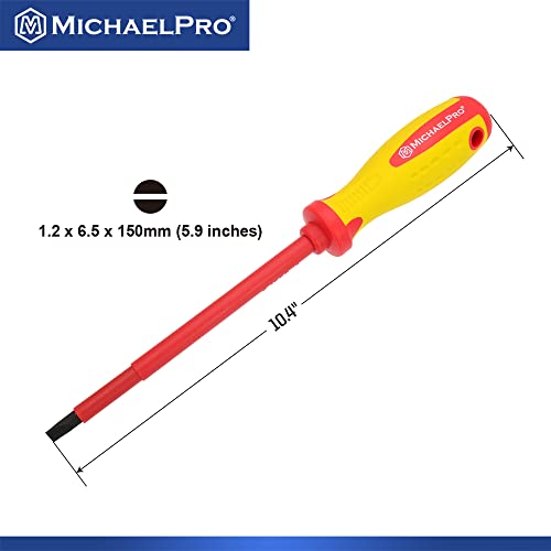 MichaelPro 6.5 x 150mm 1000V VDE Insulated Screwdriver, Electrician Tools, Slotted Screwdriver with Magnetic Tip, CR-MO Steel Blade, 10,000V Tested and Certified for Electrician Safety - MP002033 - size: 1-Piece 6.5 x 150mm Slotted