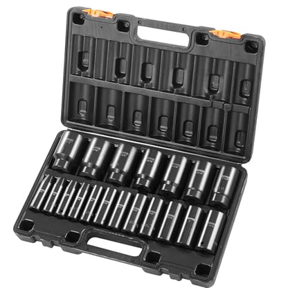 VEVOR Impact Socket Set, 1/2" 19 Piece Impact Sockets, Deep Socket, 6-Point Sockets, 1/2 Inches Drive Socket Set Impact 3/8 inch - 1-1/2 inch, Cr-V Rugged Construction, with a Storage Cage - style: 1/2" 19PCS