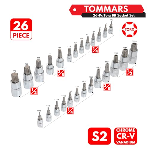 TOMMARS 26-PC Torx Socket Set, Torx Star Tamper Proof Security Bit | T10-T70 & TT10-TT70,1/4", 3/8", 1/2" Drive, S2 Steel Bits, CRV Sockets - style: Torx and Torx Tamper Proof Bit Socket