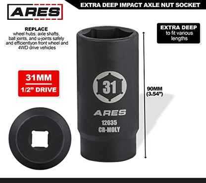 ARES 12035 31MM Axle Nut Socket, 6 Point Socket | Extra Deep 1/2-Inch Drive Impact Socket for Easy Removal of Axle Shaft Nuts - size: 31mm 6-Point