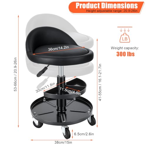 Height Adjustable Rolling Mechanic Perch with Backrest, 360° Swivel Wheeled Work Bench with Dual Tier Tool Storage Tray, 300Lbs Heavy-Duty Padded Work Seat for Garage Auto Repair Salon Tattoo Black