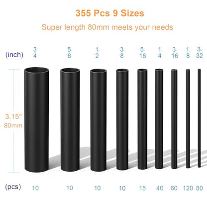 Heat Shrink Tubing Kit 355pcs - 3:1 Dual Wall Adhesive Lined - Electrical Waterproof Industrial Heat-Shrink Tubing Terminals- Marine Grade Wire Connector Shrink Wrap Tube - 3.15" Length - Black - size: 355pcs Black