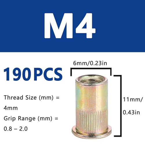 190Pcs M4 Rivet Nuts, Metric Zinc Plated Finish Carbon Steel Flat Head Threaded Insert Nutsert Kit - color: Yellow, size: M4