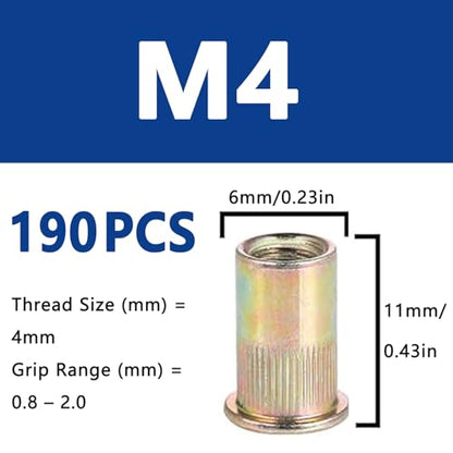 190Pcs M4 Rivet Nuts, Metric Zinc Plated Finish Carbon Steel Flat Head Threaded Insert Nutsert Kit - color: Yellow, size: M4