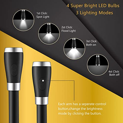 Neck Book Light LED Reading Lamp USB Rechargeable, Hands Free, 4 LED Bulbs, 4 Adjustable Brightness, for Reading in Bed or Reading in Car Lamp (Pink) (Black) - color: Black