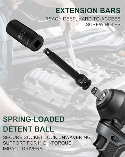 3/8" Drive Impact Socket Set,49 Piece Socket Set, SAE (5/16" to 3/4") and Metric (8–22 mm) Sizes with Deep & Shallow, 6 Point, Cr-V, Extension Bars, Universal Joint, Adapters - style: SS-D38-49PC