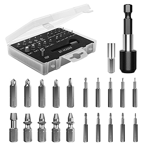 Nuovoware Damaged Screw Extractor Set, 22 PCS Stripped Screw Extractor Kit | All-purpose HSS Broken Screw Remover Set with Magnetic Extension Bit Holder & Socket Adapter, Black - color: Black, size: 22 PCS