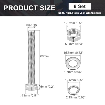 uxcell M8 x 60mm Hex Head Screws Bolts, Nuts, Flat & Lock Washers Kits, 304 Stainless Steel Fully Thread Hexagon Bolts 8 Sets - size: M8 x 60mm