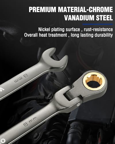 WORKPRO 8 mm Flex-Head Ratcheting Combination Wrench, Cr-V Constructed, Nickel Plating, 72-Teeth, 12 Point Design, Metric - size: 8 mm, style: Nickel Plating