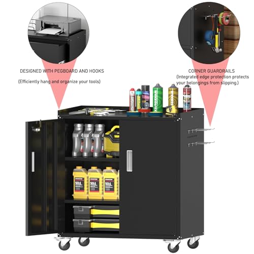 Washsemba Metal Garage Storage Cabinet with Wheels ，Lockable Rolling Tool Chest on Wheels, Utility Cabinet for Home, Office, Garage and Workshop(Black)