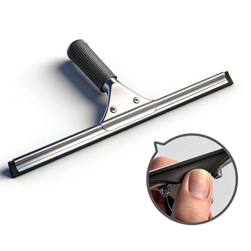 14-Inch Shower Squeegee for Glass Doors, Windows and Mirrors, Stainless Steel Bathroom Water Wiper with Flexible Blade and Ergonomic Handle - color: Black+silver