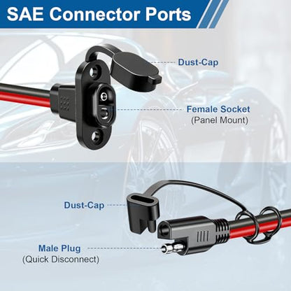 SAE Through-Panel Connector 12AWG - 2 Pack 1FT Quick Disconnect Extension Cable, Flush Mount SAE Power Socket Port & Battery Maintainer Trickle Charger Cable for RV Boat Trailer Motorbike