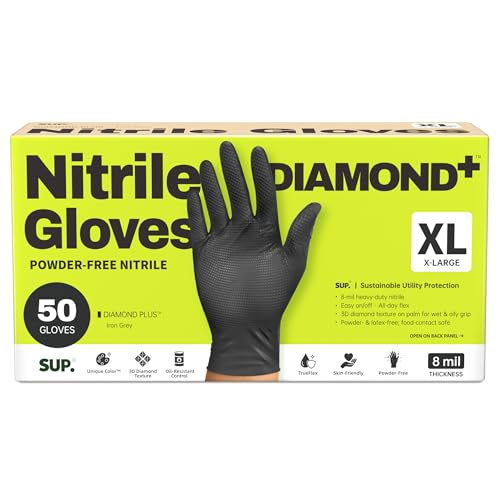 SUPER+ HEAVY DUTY Nitrile Gloves 8 Mil Diamond Texture Disposable Chemical Resistant Powder &Latex Free Food Safe Black 50 Ct - color: X-large (Iron-grey)
