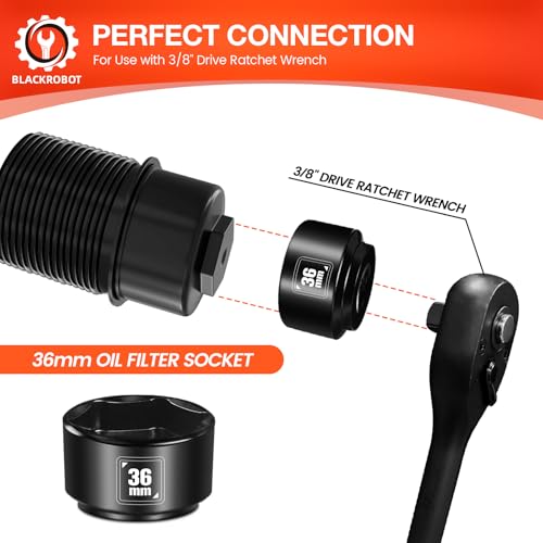 BLACKROBOT 36mm Low Profile Oil Filter Socket, 3/8" Drive 6-Point Oil Filter Cap Remover and Installer Tool, Chrome Vanadium Steel - size: 36mm