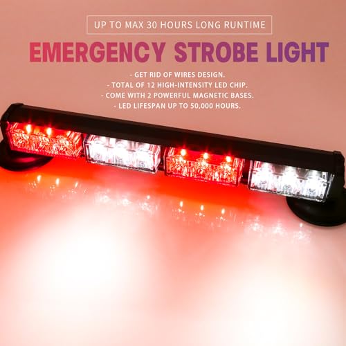 14.8" Battery Powered Emergency Strobe Lights Bar for Trucks/Vehicles Rechargeable Wireless Rooftop Mini Hazard Flashing LED Beacon Warning Light w/Magnetic Base (R/W/R/W) - color: #03 R/W/R/W