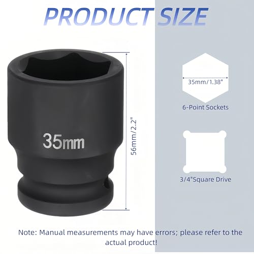 3/4"Drive x 35mm Metric, 6-Point Deep Impact Socket, Axle Nut Impact Socket | 40CR Alloy Steel,Clear labeling, Common Tools for Car Repair/Mechanical Work/Construction/Carpentry and Home Maintenance - size: 35mm