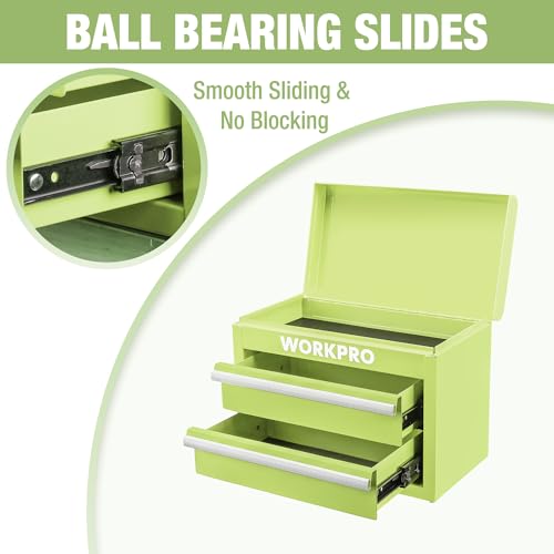 WORKPRO Metal Mini Tool Box with 2 Drawers and Top Storage | Cold Rolled Steel Toolbox, Ball Bearing Slides, PVC Drawer Liners, PP Feet Pads, Durable Storage - color: Macaron Green
