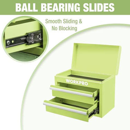 WORKPRO Metal Mini Tool Box with 2 Drawers and Top Storage | Cold Rolled Steel Toolbox, Ball Bearing Slides, PVC Drawer Liners, PP Feet Pads, Durable Storage - color: Macaron Green