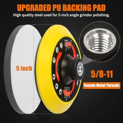 Upgraded 5 Inch Hook and Loop Backing Pad Plate 5/8-11 Threads, Angle Grinder Sanding Disc Attachments with Interface Foam Sanding Pad, Grinder Buffer Accessories for Wood Metal Polishing