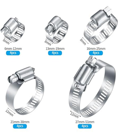 20Pcs Adjustable Stainless Steel Hose Clamps Assortment Kit, 1/4-2 in (6-51mm) Worm Gear Pipe, Fuel LineHeavy Duty for Plumbing, Washing Machine, Mechanical，Garden and Automotive Hose Connections - size: 20 pcs (1/4'' - 2'')