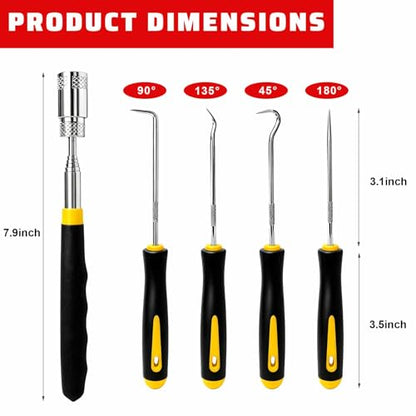 13PCS Precision Pick and Hook Tool Set, Magnetic Telescoping Tool w/Clip Pliers Fastener Remover Gasket Scraper, Rivets Puller Pick Tools w/Storage Bag for Automotive Repair (Yellow & Black) - color: Yellow & Black