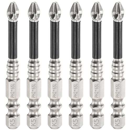 HARFINGTON 6pcs Impact Phillips Screwdriver Bit PH2 (#2) Anti Slip Tip 1/4" Hex Shank 2.56" (65mm) Long Magnetic Cross Screw Driver Industrial Power Drill Bits for Remove Fastening Screws - size: 2.56 inch
