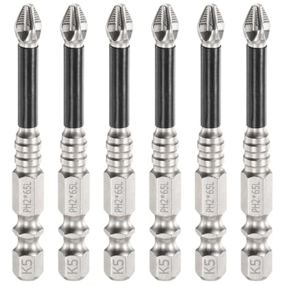 HARFINGTON 6pcs Impact Phillips Screwdriver Bit PH2 (#2) Anti Slip Tip 1/4" Hex Shank 2.56" (65mm) Long Magnetic Cross Screw Driver Industrial Power Drill Bits for Remove Fastening Screws - size: 2.56 inch