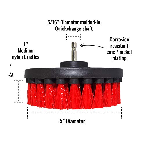 Premium Drill Brush Professional – Stiff 5 in Red Set of 3 | Scratch-Free Outdoor Cleaning Brush for Patio Bricks, Decking, Garden Tools, Lawn Mowers, Bicycles, Pool Tiles and Boat Hulls - color: Red