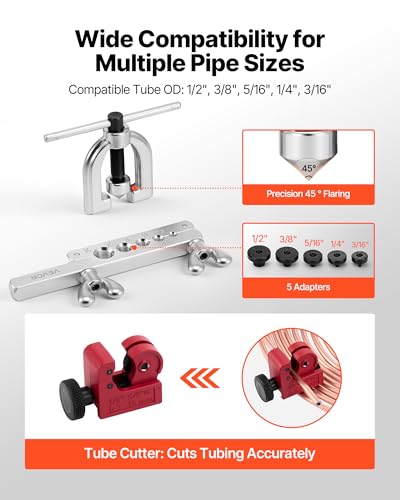 VEVOR 3/16" Brake Line Repair Kit, 45° Double & Single Brake Line Flaring Tool Kit, 25FT Copper Coated Brake Line (with 16 Fittings & 4 Unions) - Tube Cutter, 5 Adapters and Toolbox Included - size: 3/16"-1/2"