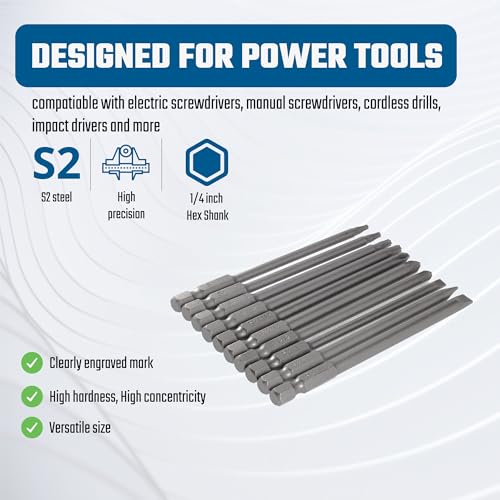 VESTTIO 10PCS Long Screwdriver Bit Sets, 4 Inch/100 mm | 3 Slotted 3 Phillips 4 Security Torx, 1/4 inch Hex Shank, S2 Steel, Magnetic Bit Assortment - size: 3SL4TX3PH / 4 inch