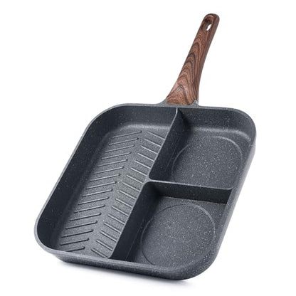Sensarte Nonstick 11-Inch Square Grill Pan, 3-Section Versatile Breakfast Skillet, Die-cast Aluminum, PFOA, PFOS, APEO Free, Induction, Gas, Electric, Glass, Ceramic - color: Gray Granite-3 Section, size: 11 Inch