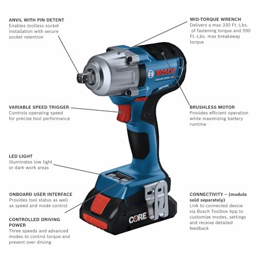 Bosch GDS18V-330PCB25 18V Brushless 1/2 In. Mid-Torque Impact Wrench Kit with Pin Detent and (2) CORE18V® 4 Ah Advanced Power Batteries - style: Industrial