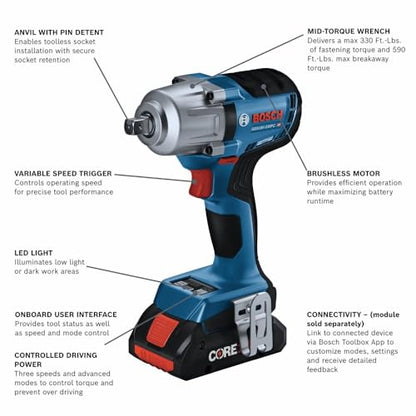 Bosch GDS18V-330PCB25 18V Brushless 1/2 In. Mid-Torque Impact Wrench Kit with Pin Detent and (2) CORE18V® 4 Ah Advanced Power Batteries - style: Industrial