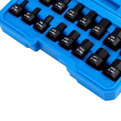 KEILEOHO 16PCS 3/8 Inch Drive Low Profile Impact Hex Driver Set, SAE/Metric Stubby Bit Socket Set (1/4" - 3/4", 6-19mm), Cr-Mo Steel, For Impact Wrench, Automotive, Mechanical Repair