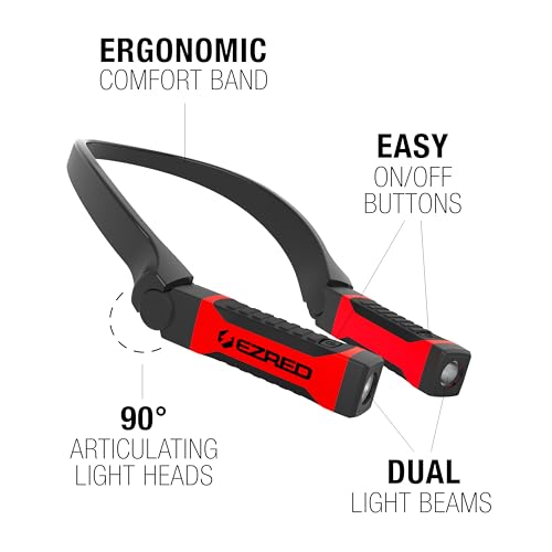 EZRED Bright NK10 Anywear Neck Light for Hands-Free Lighting, Red and Black, 200 Lumen LED, Adjustable Beam, Water Resistant, Perfect for Mechanics, Camping, Hunting, DIY Projects, Reading (Pack of 2)