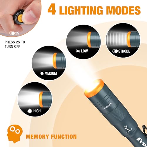 EverBrite 2-Pack Mini Pen Light, Rechargeable Pocket Pen Flashlight with USB C Cable, 4 Light Modes, 300 Lumens Small Flashlight with Clip for Inspection, Repair, Outdoors, Emergency, Deep Blue - color: Deep Blue- 2PK