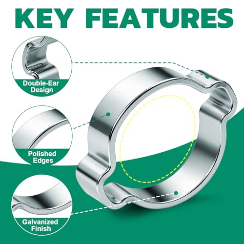 OURU 90PCS Double Ear Hose Clamps, 9 Sizes 5-25mm Galvanized Steel Crimp Rings for Hoses, Tubes, and Pipelines - size: 90PCS（5-25mm）