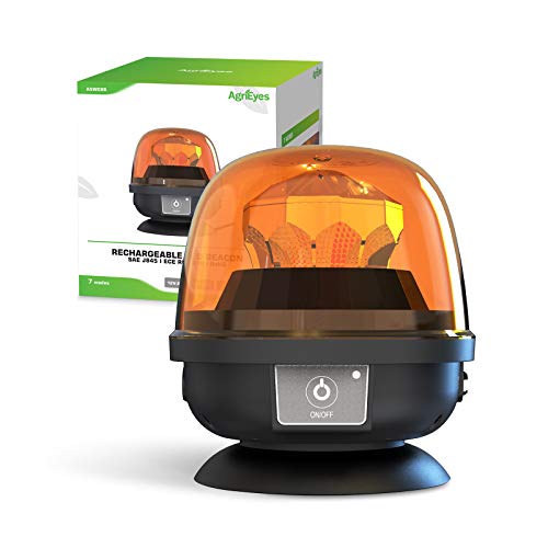 Agrieyes Magnetic Beacon Light Wireless, Class I Portable 12-24V Rotating Warning Lights, Rechargeable Amber Flashing Strobe Lights for Vehicles Trailers Trucks Tractor Bus Forklift Cars - color: Round Amber