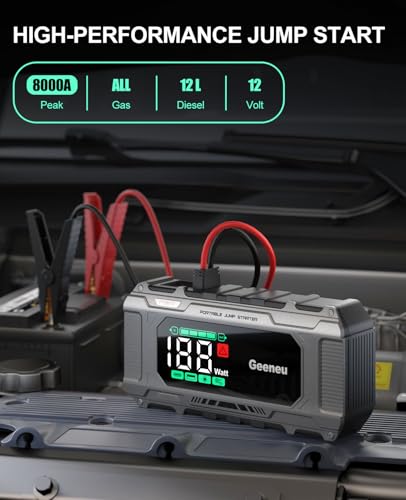 Car Battery Charger Jump Starter, 8000A Portable Jumper Starter with PD 65W Quick Charger, Jump Box 12V Battery Booster Jump Pack for All Gas/10L Diesel,Large Screen,150W DC, Lights - color: Gray