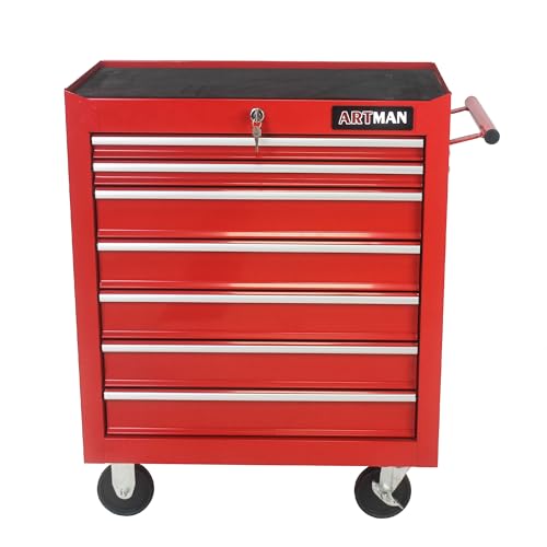 7-Drawer Tool Cart on Wheels, Drawers Rolling Tool Chest with Key Lock, Mobile Trolley Organizer Tools Box with Locking Wheels & Ball Bearing Drawers for Garage,Repair Shop (Red) - color: Red, size: 7 Drawers ②