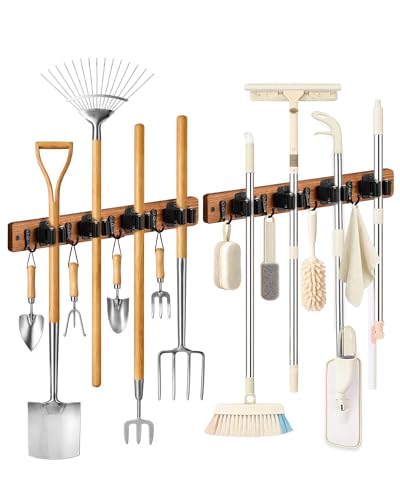 Lorbro 2 Pack Broom Holder Wall Mount, Wooden Broom and Mop Organizer Wall Hanging, Mop Hanger Rack with 4 Slots & 4 Hooks, Tool Organizer for Laundry Room, Closet, Garage, Kitchen - color: Brown