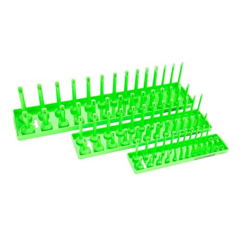 OEMTOOLS 22207 3-Pc Socket Organizer (SAE), Socket Holder Organizes 1/4", 3/8", 1/2" Drive Sockets, Posts are Clearly Labeled, Holds 1/8" to 1-1/4" Sizes | 3 Dual Rail System Socket Holder, Socket Tray with Labeled Posts, Holds 1/8" to 1-1/4", Socket Orga